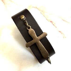 Brown Leather brass tone cross bracelet